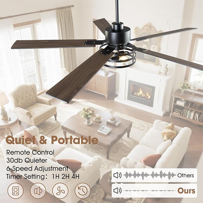 60" Farmhouse Ceiling Fans with Lights, Large Ceiling Fan with Remote for Living Room,5 Dual Finish Blades, 6 Speeds Adjustable & Reversible DC Motor, Rustic Ceiling Fan for Living Room & Bedroom