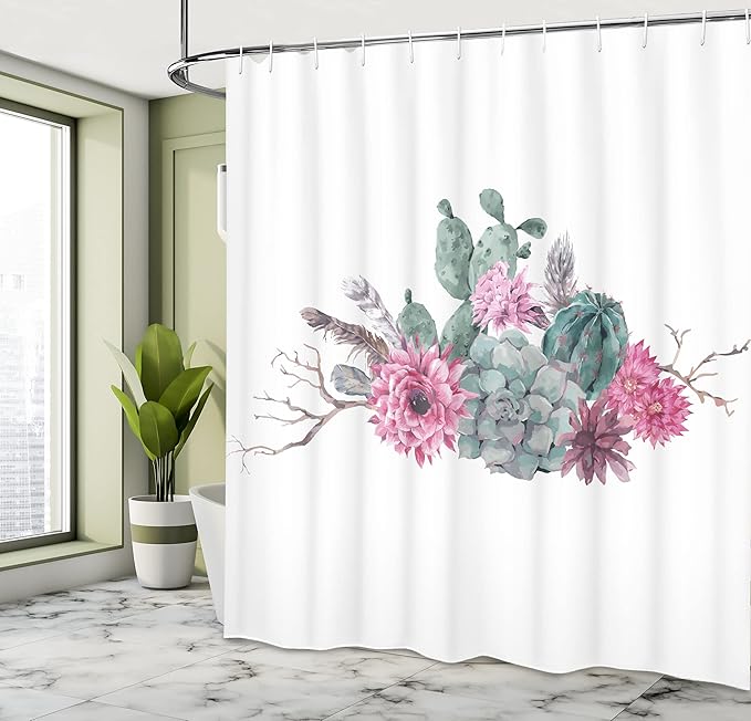 Ambesonne Succulent Shower Curtain, Feathers Flowers Cacti Hipster Elements Vintage Fashion, Cloth Fabric Bathroom Decor Set with Hooks, 69" W x 75" L, Green Pink
