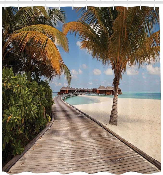 Ambesonne Beach Shower Curtain, Bungalows at Tropic Island Coconut Palm Trees on The Beach Secret Paradise Maldives, Cloth Fabric Bathroom Decor Set with Hooks, 69" W x 70" L, Cocoa