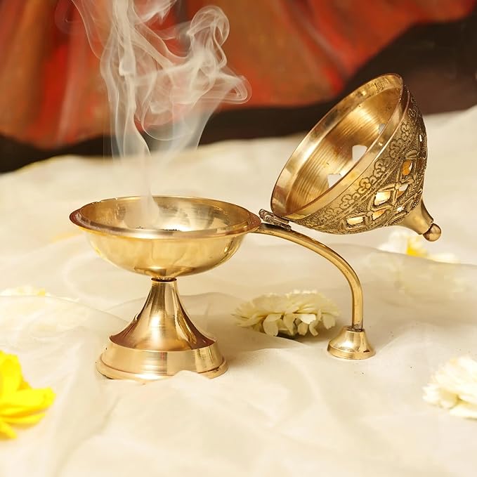 Brass Dhoop Dani with Handle for Puja | Traditional Brass Incense Burner with Dome Lid | Decorative Dhoop Holder for Temple, Home & Spiritual Use | (5 x 5)