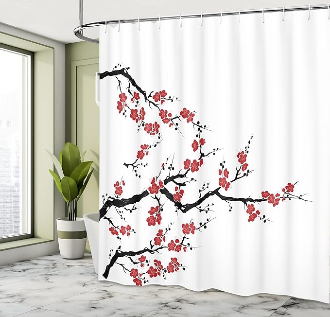 Ambesonne Japanese Shower Curtain, Simplistic Cherry Blossom Tree Botanic Themed Pattern Fresh Organic Lines, Cloth Fabric Bathroom Decor Set with Hooks, 69" W x 84" L, Cinnamon Red
