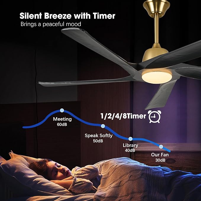 60 Inch Solid Wood Ceiling Fan with Light, Remote and APP Control, 3-color Dimmable, DC Motor, 6-speed Reversible,Outdoor/Indoor Ceiling Fans for Bedroom, Living Room, Black Gold