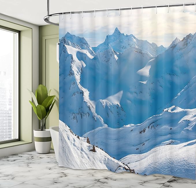 Ambesonne Mountain Shower Curtain, Snowy Mountain Peaks Winter Season Frozen Lands Alps High Scenic Europe Surreal, Cloth Fabric Bathroom Decor Set with Hooks, 69" W x 70" L, White Blue