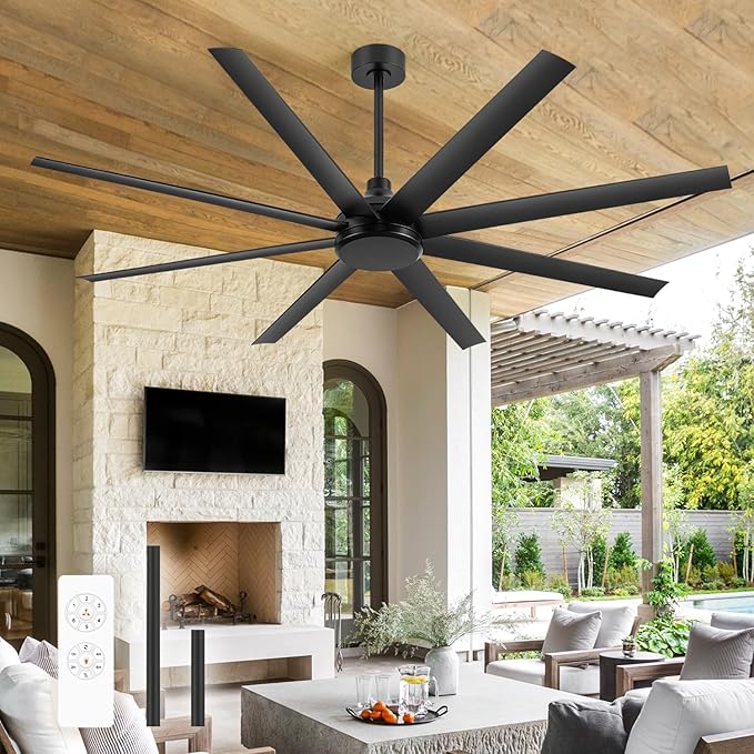 72 Inch Ceiling Fan No Light, Modern Ceiling Fan with Remote Control, Quite DC Motor 8 Reversible Blades Indoor Outdoor Industrial Ceiling Fan without Light For Living Room Bedroom Patio Garage-Black