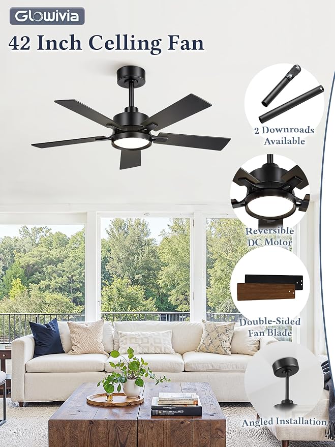 42 Inch Ceiling Fan with Lights and Remote,Smart APP Control | Dimmable LED,3CCT,Smart Memory Function,Quiet DC Motor,Dual-Finish Reversible Blades,Damp Rated,6 Adjustable Speeds,Timer