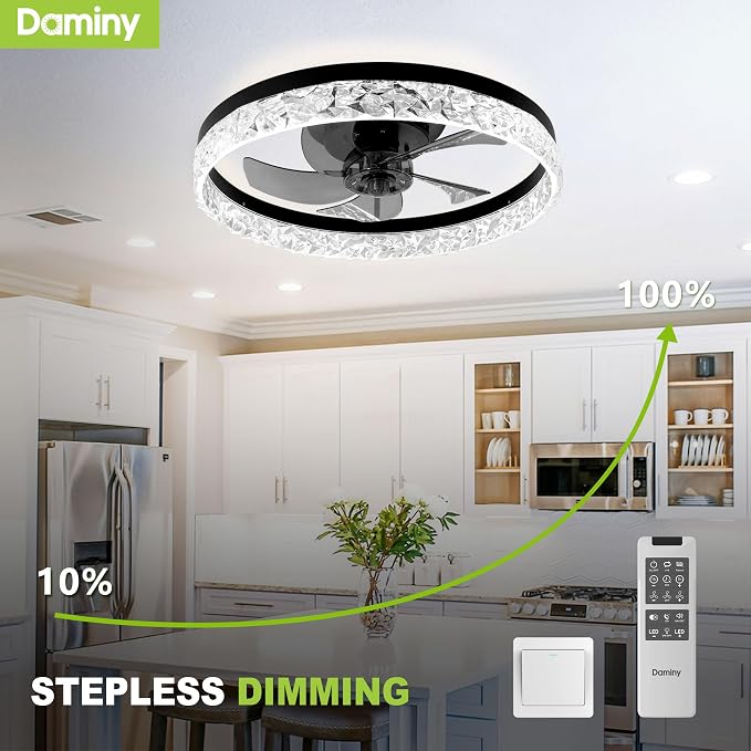 DAMINY 20inch Black Ceiling Fans with Lights and Remote, 6CCT, Dimmable Smart Low Profile Ceiling Fan with Light, 6 Speeds Flush Mount Modern Bladeless Ceiling Fan for Bedroom