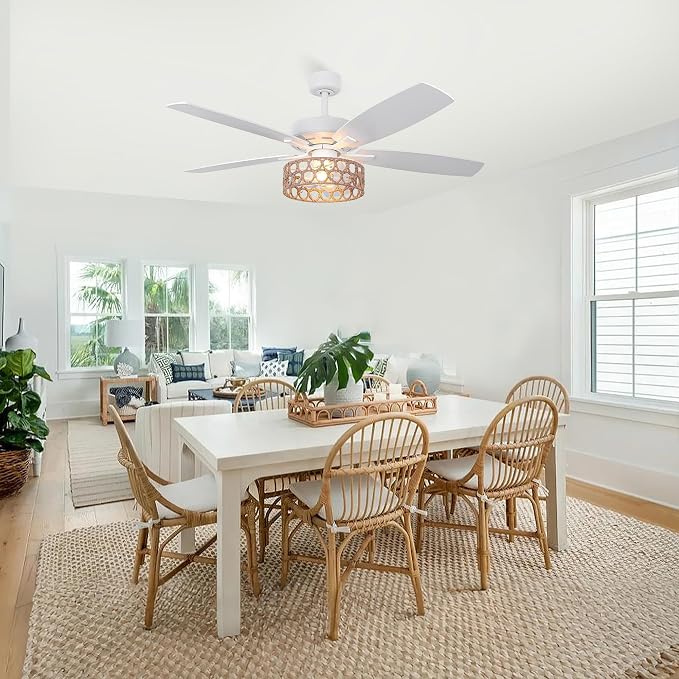 52 Inch Farmhouse Ceiling Fan with Light and Remote, Vintage Caged Ceiling Fan for Living Room, 6-Speed Adjustable & Reversible Quiet DC Motor, Dual Finish 5 Blades, White