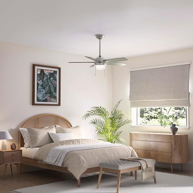Hunter 44" Anisten Indoor Ceiling Fan, Light, Pull Chain, Brushed Nickel | WhisperWind whisper-quiet motor, DuraLight lens, and 3" downrod support bedrooms, offices, and small rooms year-round.