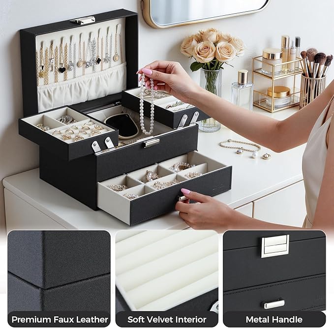 Dajasan Jewelry Organizer Box, Large Jewelry Boxes for Women Girls, Space-Saving 3 Layers Jewelry Storage Case with Drawer, Movable Metal Stand, Modern, Gift Idea (Black)
