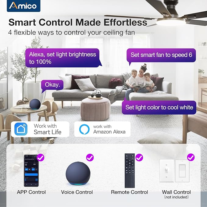 Amico Ceiling Fans with Lights, 52'' Smart RGB Ceiling Fan with Remote/APP/Alexa Control, Flush Mount, Reversible DC Motor, 5 Blades, 6 Speeds, 3CCT, Dimmable, Noiseless, Bedroom, Living Room, Black