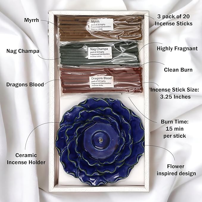 Hosley Incense Sticks Gift Set Each Includes 60 Incense Sticks & a Flower Ceramic Holder - Bathroom Set for Home, Weddings, Meditation, Spa, Bathroom Use - 6 Sets