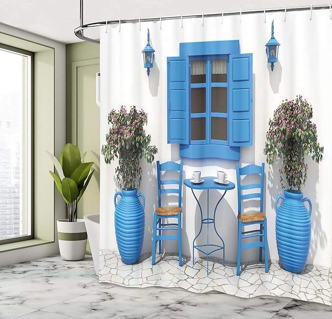 Ambesonne Shower Curtain, Traditional Greek Design Holiday Summer House with Flowers Window Image, Cloth Fabric Bathroom Decor Set with Hooks, 69" W x 84" L, Navy Blue