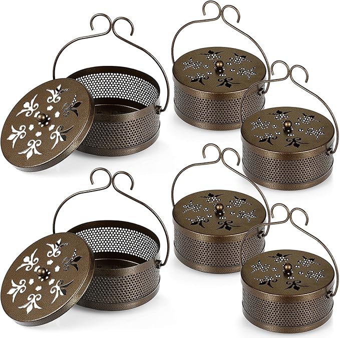 Therwen 6 Pcs Iron Mosquito Coil Holder with Handle Retro Portable Coil Holder Round Fireproof Incense Holder Hanging Incense Burner for Indoor Outdoor Home and Camping (Bronze)