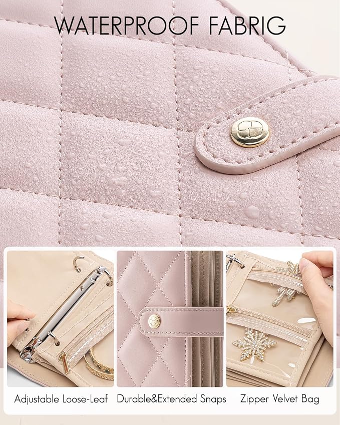 VLANDO Travel Jewelry Organizer Case,Travel Gifts for Women,Portable Jewelry Storage Book Ring Binder with Clear Zipper Velvet Jewelry Pouch Bag-Pink