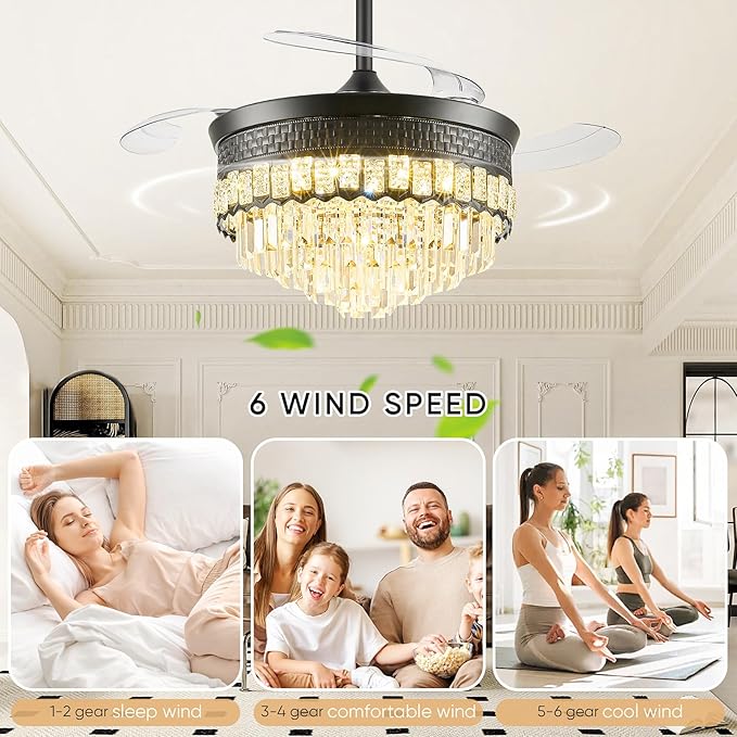 42" Fandelier Ceiling Fan with Lights,Crystal Retractable Ceiling Fan with Light,Chandelier Fans for Bedroom,Living Room,Reverse Motor,6 Speeds,3 Color Temperatures,Remote & APP Control-Black