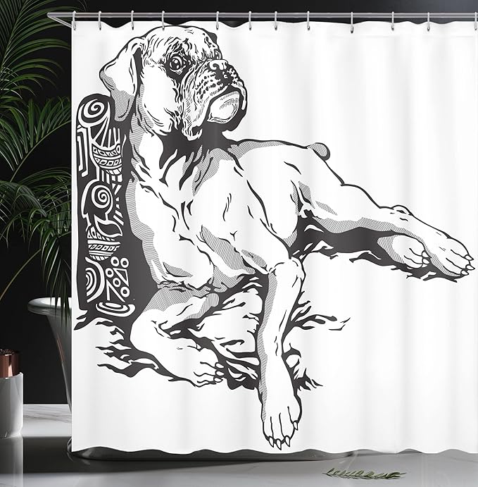 Ambesonne Boxer Dog Shower Curtain, Monochrome Illustration of an Animal Detailed Canine Hand Drawn, Cloth Fabric Bathroom Decor Set with Hooks, 69" W x 70" L, Charcoal Grey and White
