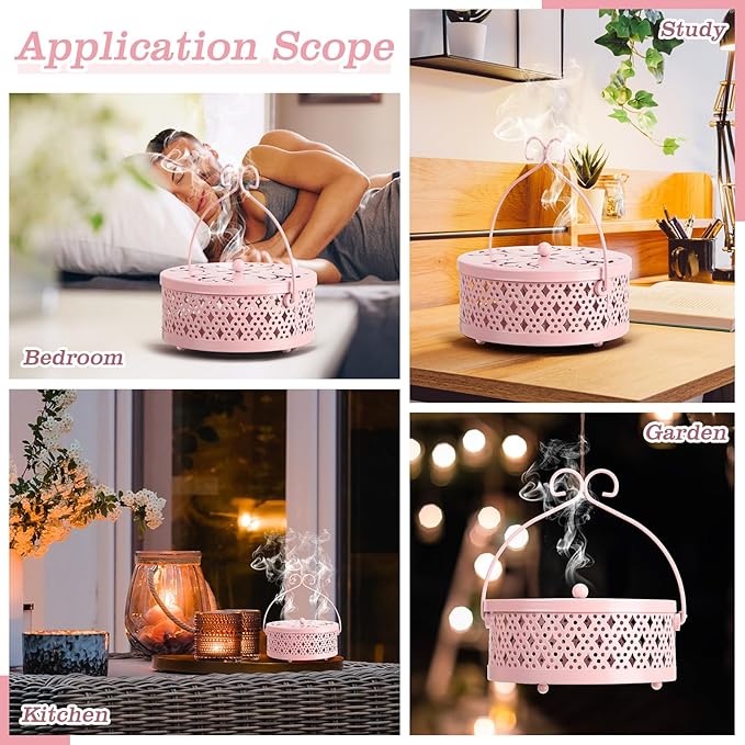 Lallisa Incense Coil Holder Sets, Round Metal Hanging Incense Burner with Handle and Lid, Portable Coil Burner Stand Container for Patio Camping Garden Home Indoor Outdoor Decor(Pink,2 Pcs)
