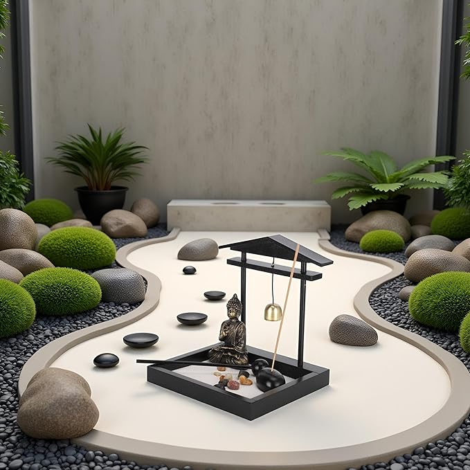 Zen Garden Desktop Sitting Buddha Ornament, Statue with Incense Holder Sand Decorative Stone Accessories for Home Office and Work Desk Collectible Figurines[1906]