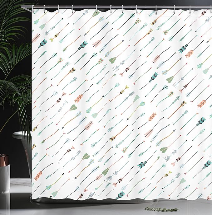 Ambesonne Arrows Shower Curtain, Minimalist Look Desing of Tilted Ornamental Shapes in a Boho Style Artwork Pattern Diagonal, Cloth Fabric Bathroom Decor Set with Hooks, 69" W x 75" L, Coral White