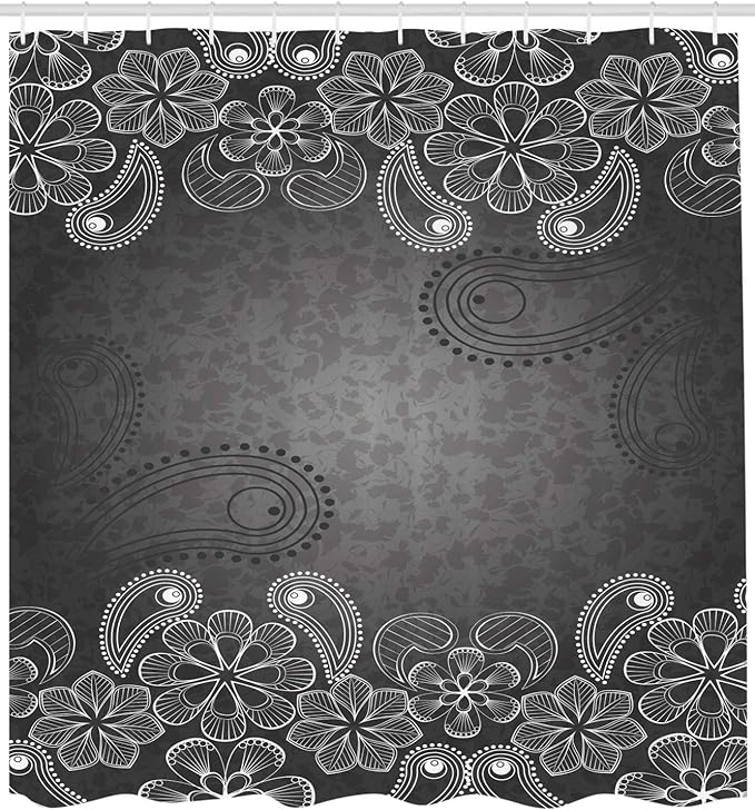 Ambesonne Floral Shower Curtain, Classic Victorian in Dark Contrast Tones with Paisley Petal Floret Image, Cloth Fabric Bathroom Decor Set with Hooks, 69" W x 70" L, White Grey