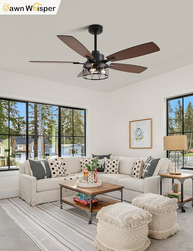 Dawn Whisper 52 Inch Black Ceiling Fans with Lights Farmhouse Ceiling Fan with Remote for Bedroom Living Room Caged Classic Chandelier Fan for Indoor(NO Bulbs