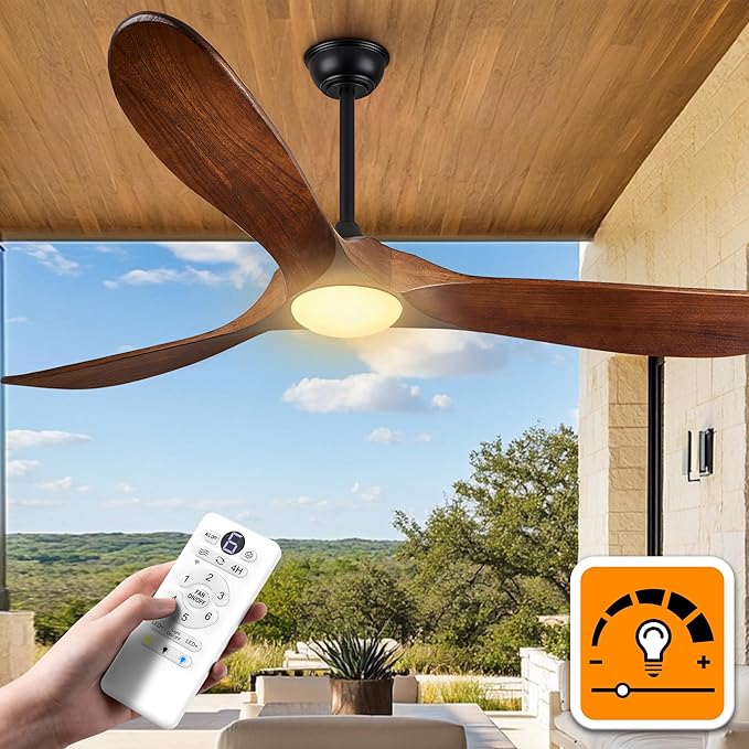 Haipeel 52 Inch Outdoor Ceiling Fan with Light and Remote, Solid Wood | Dimmable 3 Color LED with Memory 3 Blade Walnut Propeller Quiet High CFM Reversible BLDC, Damp Rated Outdoor Patios Farmhouse