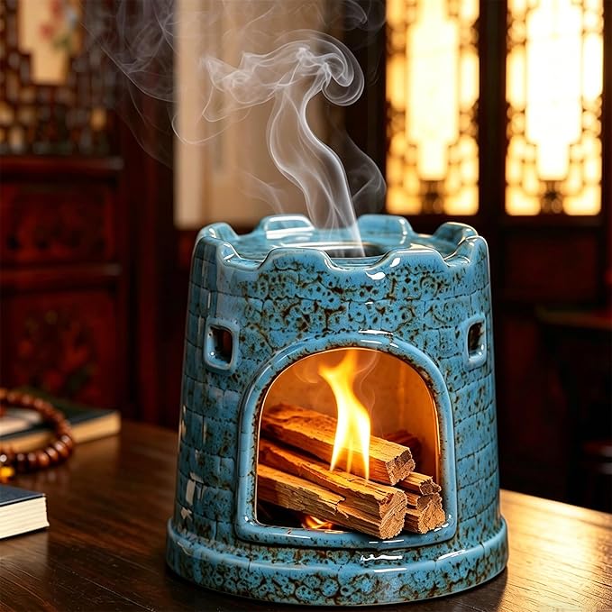 Ceramic Mini Chiminea Palo Santo Burner | Sage & Incense Cone Holder | Stable Smudge Bowl for Zen Altar, Meditation, Yoga | Home Decor & Gift (D)