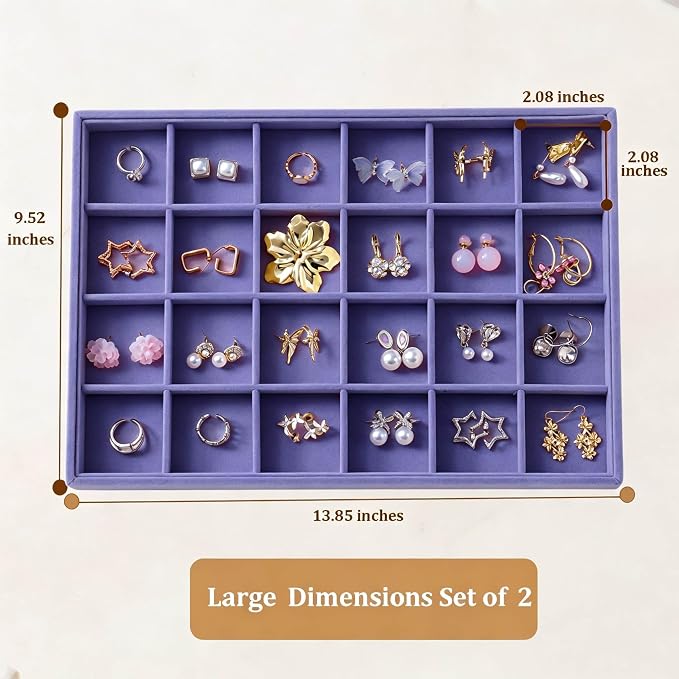 Large Velvet Jewelry Tray 2 Pack Stackable Jewelry Display Drawer Inserts Trays Organizer for Earring Bracelet Necklace Ring (Purple, 24 Grids)