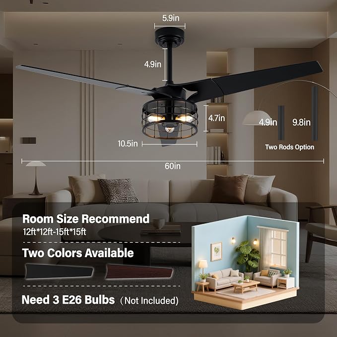 Chandelier Ceiling Fans With Lights And Remote,60 Inch Caged Ceiling Fan With Light,App 3 Blades E26 Fandelier Ceiling Fans With Lights,Crystal Ceiling Fan For Bedroom,Living Room. (Black)