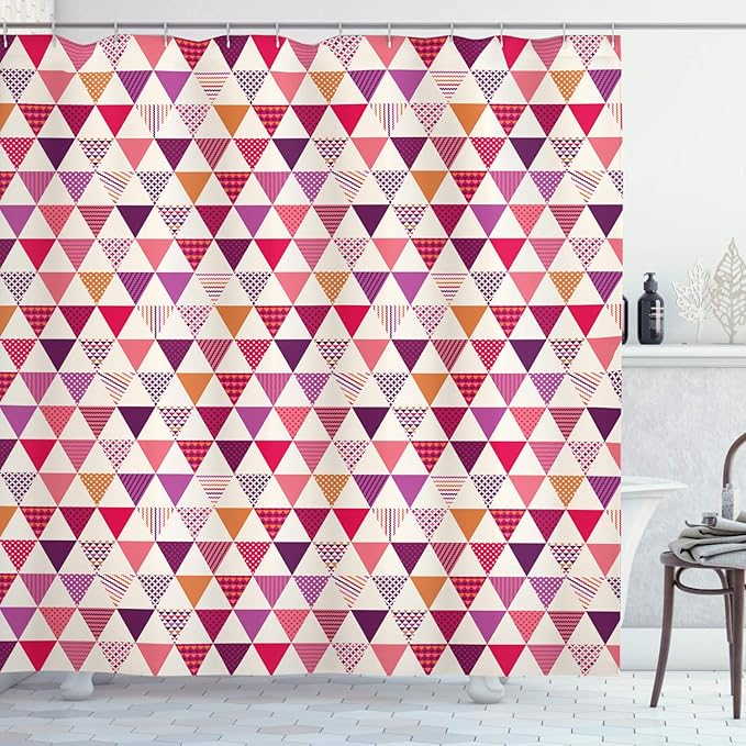 Ambesonne Pink Shower Curtain, Geometric Triangle Patterns with Polka Dots Lines Zig Zag Prints Abstract Image Print, Cloth Fabric Bathroom Decor Set with Hooks, 69" W x 84" L, Multicolor Ivory