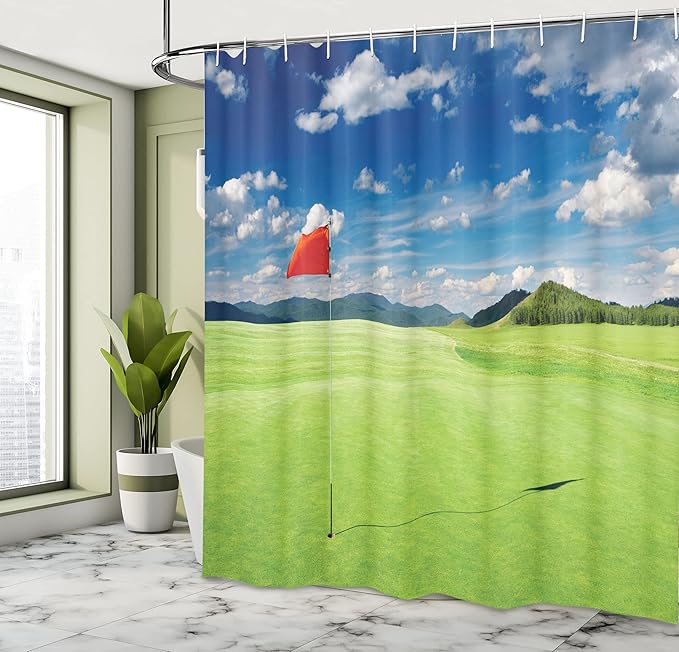 Ambesonne Sports Shower Curtain, Golf Field with Flag in The Hole Clouds Sky Summertime Golfing Landscape, Cloth Fabric Bathroom Decor Set with Hooks, 69" W x 75" L, Lime Green