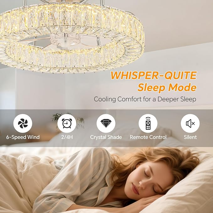 D21 Inch Fandelier Ceiling Fan with Lights and Remote Control Dimmable Crystal Ceiling Fan LED 3 Color 6 Speeds Chandelier Fan Bedroom Kitchen Living Room