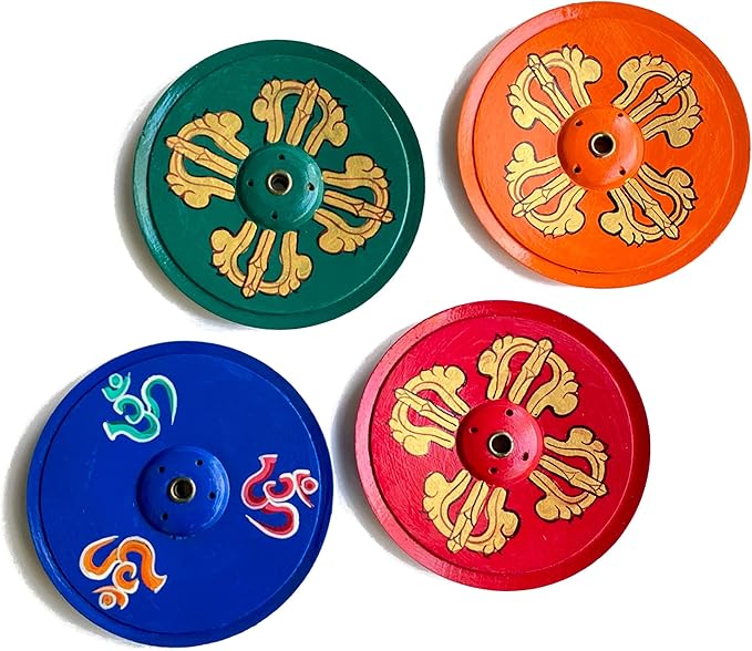 Wood Incense Holder Dorje (Vajra) Design | Handmade Handpainted Eco-Friendly Wood Incense Burner Ash Catcher | Home Décor Housewarming Gift | Stand Holds 4 Regular and 1 Tibetan Sticks