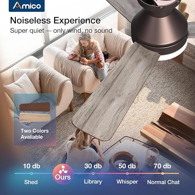 Amico Ceiling Fans with Lights, 42 inch Low Profile Ceiling Fan with Light and Remote Control, Flush Mount, Reversible, 3CCT, Dimmable, Noiseless, Brown Ceiling Fan for Bedroom, Indoor/Outdoor Use
