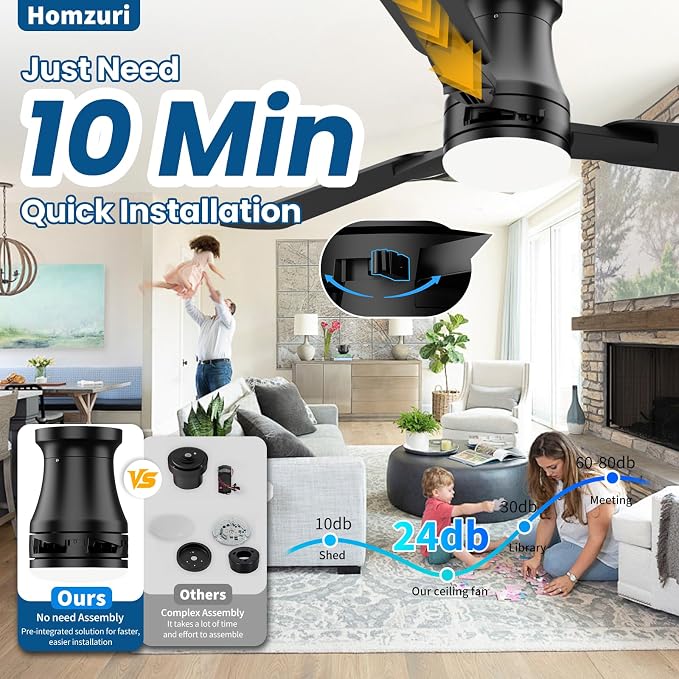 42 Inch Ceiling Fans with Lights, Fast Install Ceiling fan with Light and Remote/APP Control, 3CCT, Dimmable, Noiseless DC Reversible Motor, 3 Blades Black Ceiling Fan for Bedroom Outdoor