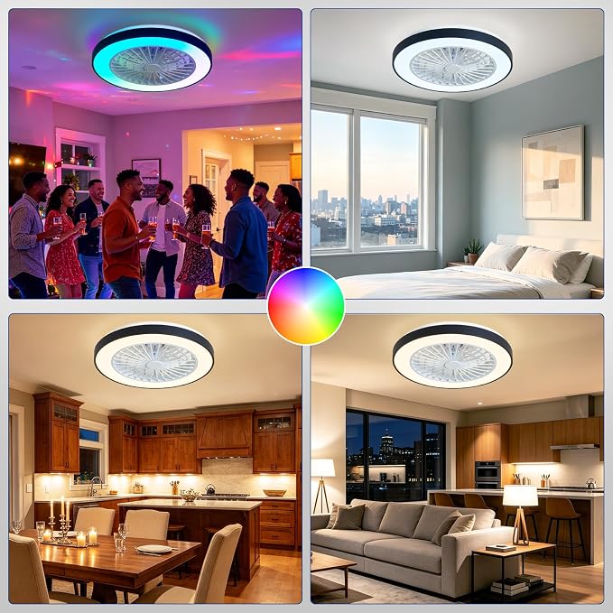 Depuley RGB Ceiling Fan with Light: 19" Enclosed Low Profile Flush Mount LED Ceiling Fans with Remote Control - Modern Black Bladeless Fandelier Dimmable Quiet DC Motor for Bedroom KTV Room