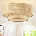 Boho Caged Ceiling Fans with Lights,Rattan Fandelier Ceiling Fans with Lights and Remote Control, Coastal Enclosed Flush Mount with Reversible 6 Speeds for Bedroom Dining Room Kitchen