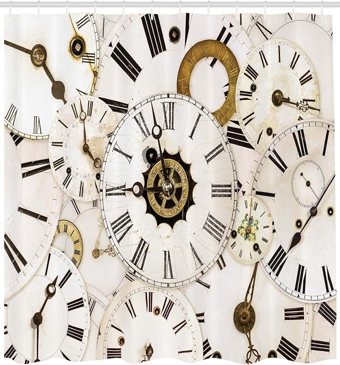Ambesonne Antique Shower Curtain, Group of Vintage Classic Clock Faces Aged Analog Time Head Minute Hour Print, Cloth Fabric Bathroom Decor Set with Hooks, 69" W x 84" L, White and Black