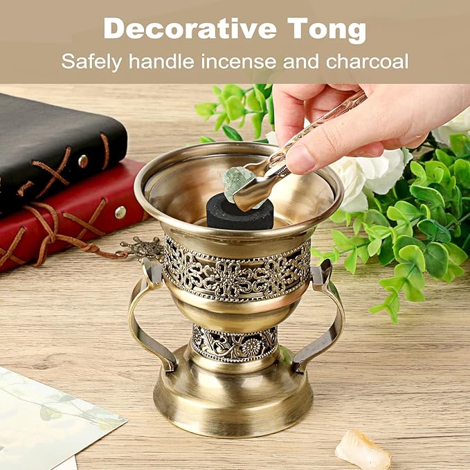 JUXYES Vintage Incense Burner Holder with Ash Catchers and Tongs, Metal Censer Antique Charcoal insencents Burner Zinc Alloy Spiritual Aromatherapy Yoga Meditation Retro Home Decoration