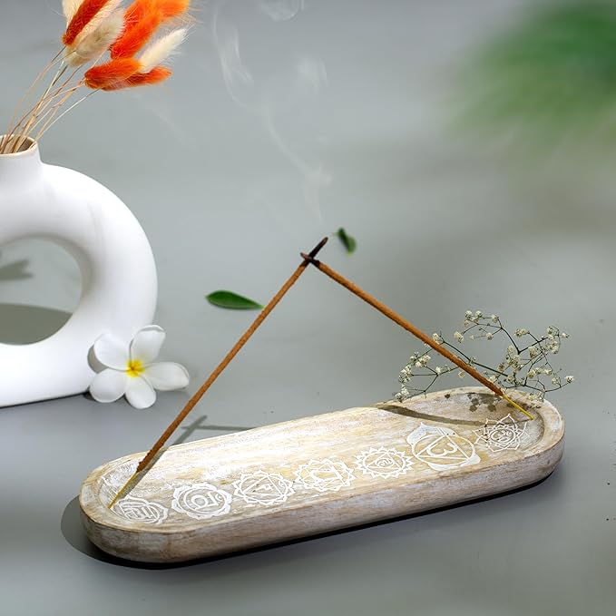 raajsee Wooden Rosewood Incense Holder - Incense Burner - Ash Catcher - Incense Stick Holder - Meditation & Yoga - Great Gift for Any Occasion Size 11x4 inch (Seven Chakra White)