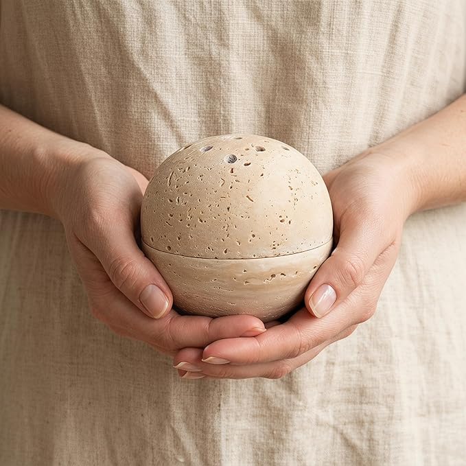 Travertine Stone Home Decor Incense Holder, Incense Cone Holder with Brass Stand Base,Handmade Incense Stick Holder for Meditation Yoga Relaxation