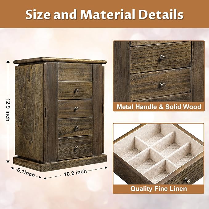 Emfogo Jewelry Box for Women, 5 Layer Large Wood Jewelry Boxes & Organizers for Necklaces Earrings Rings Bracelets, Rustic Jewelry Organizer Box with Rattan, Drawers and Mirror(Vintage)