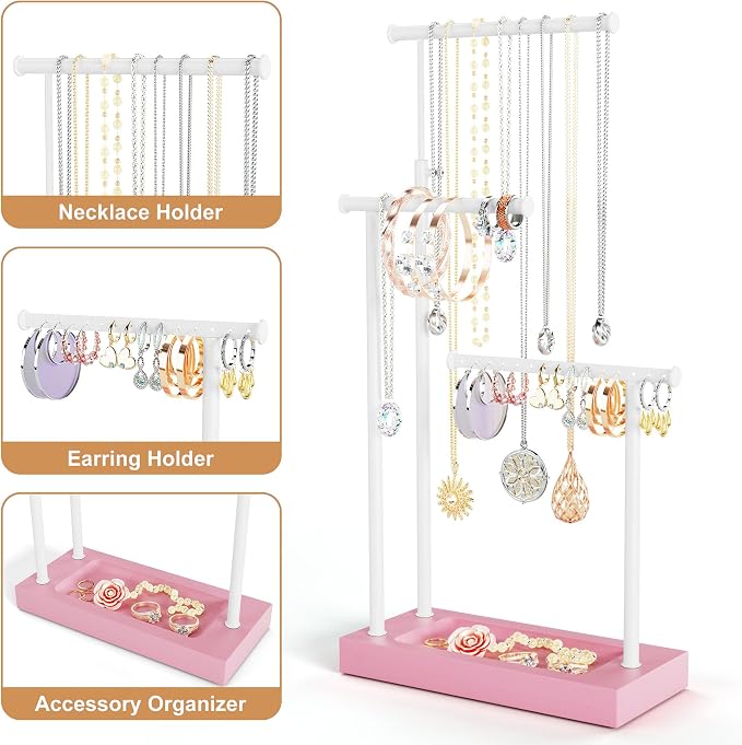 SRIWATANA Pink & White Extra Tall Necklace Holder, Jewelry Display Stand | Sturdy Tall Jewelry Organizer; Chic necklace organizer to Display Long Necklaces, Pendants, Chains Without Tangling