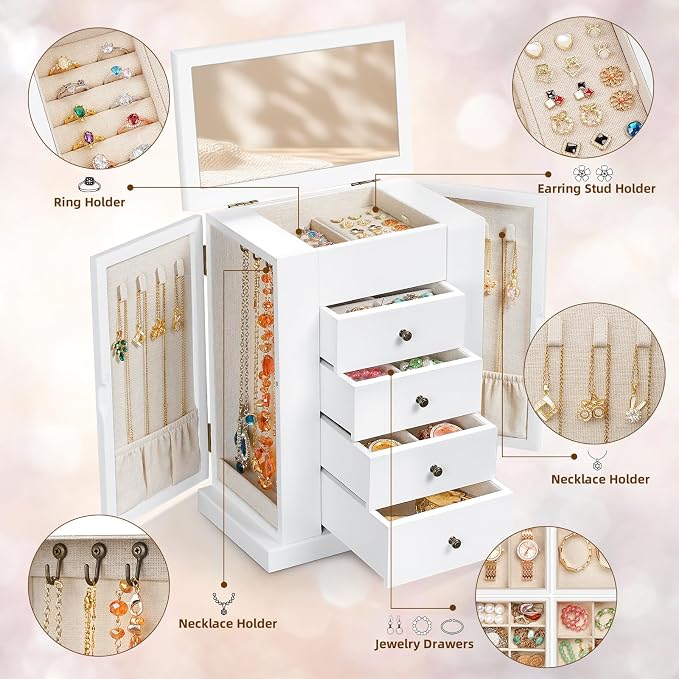 Emfogo Jewelry Box for Women, 5 Layer Large Wood Jewelry Boxes & Organizers for Necklaces Earrings Rings Bracelets, Rustic Jewelry Organizer Box with Rattan, Drawers and Mirror(Vintage White)