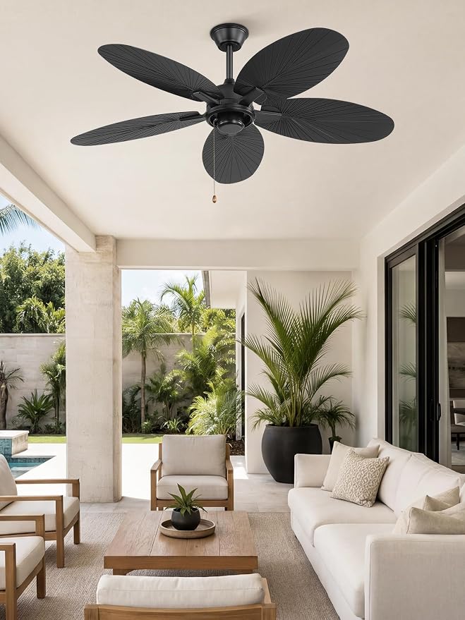 Fanbulous 52 Inch Ceiling Fan No Light, Remote & Pull Chain Tropical Fan With 6 Speeds, 3 Timers, DC Quiet Motor, 5 Palm Blade for Bedroom Living Room Covered Outdoor Patio Porch, Damp Rated, Black