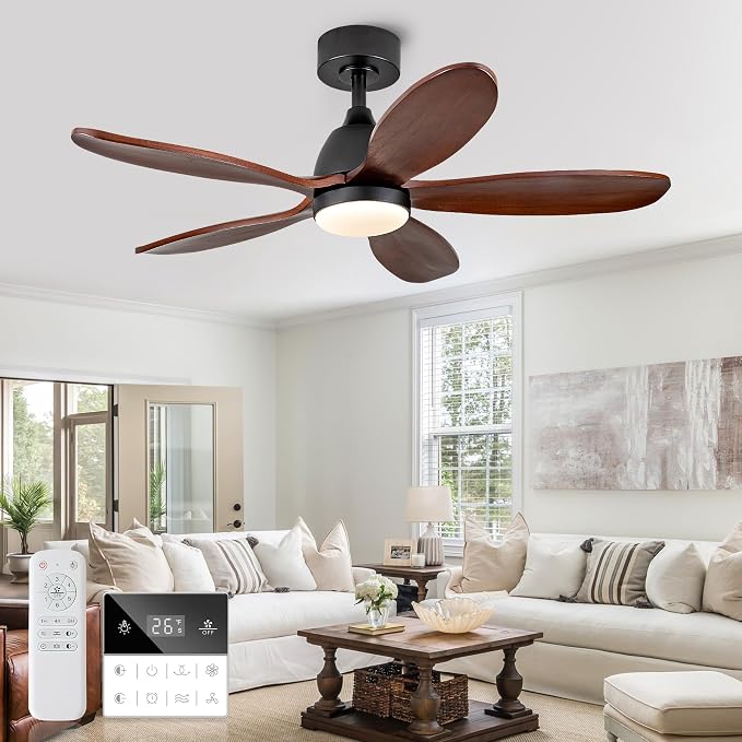 42 Inch Solid Wood Ceiling Fans With Lights, Remote Control, Dimmable, Reversible, Wood Blades, Power-Off Memory, Quiet DC Motor, Indoor/Oudoor Ceiling Fan with Light for Patio