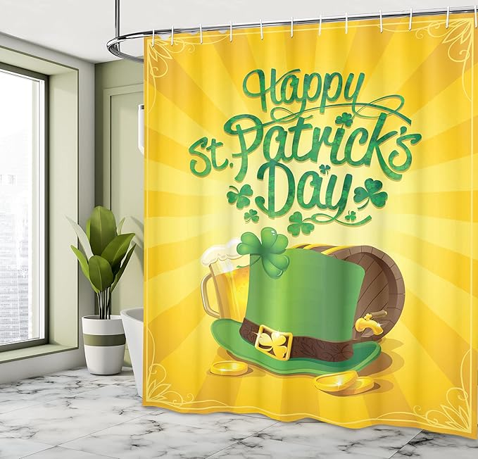 Ambesonne Irish Pub Shower Curtain, St Patrick's Day Celebration with Beer Clover Leprechaun Hat, Cloth Fabric Bathroom Decor Set with Hooks, 69" W x 70" L, Earth Yellow Green
