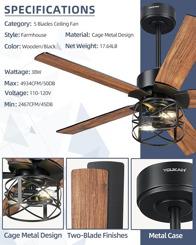 YOUKAIN 42 Inch Ceiling Fan with Lights and Remote, DC Motor 35dB Quiet, Black Farmhouse Ceiling Fan with 5 Reversible Blades for Small Room Bedroom, 42-YJ632-BKW