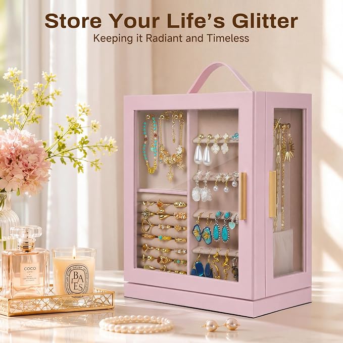 360° Rotating 5‑Drawers Jewelry Box with Top Handle & Glass Window, Spacious Vertical Jewelry Organizer, Jewelry Storage Case, Dustproof & Moisture‑resistant Design. (Pink)