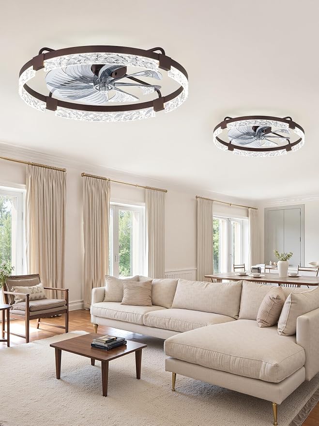 LEDIARY 2 Pack 24 Inch Low Profile Ceiling Fans with Lights and Remote, Fandelier Modern Ceiling Fan, 3000K-6000K Dimmable LED Fan Light, Brown Flush Mount Ceiling Fans with Lights for Bedroom